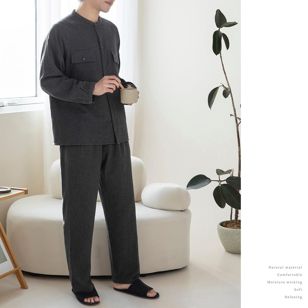 Yes Family Double Gauze Pajama Long Front Size Dark Gray Men's Set, Yarn-Dyed Gauze, 100% Cotton, Sleeves, Opening, Loungewear, XL,