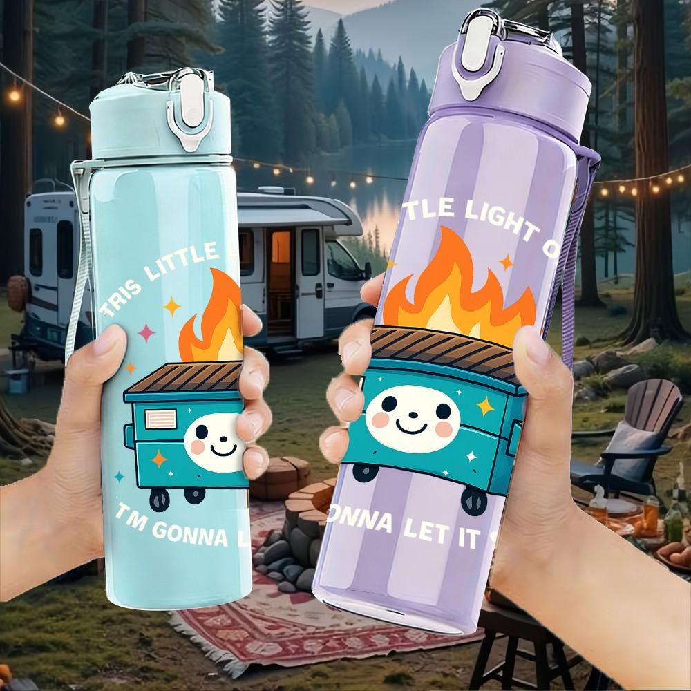1PC Campfire Pot Fire Cartoon 750ml Color Plastic Sports Water Bottle Leakproof Flip Straw Lid Suitable for Sports Office Home Use