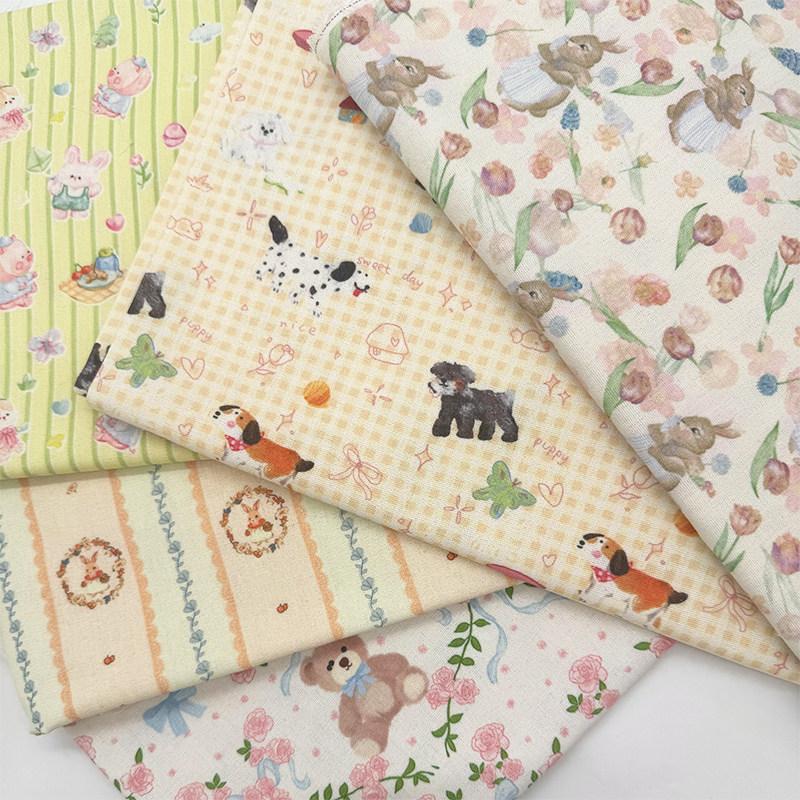 0.5m/1m/2m Encrypted Cotton Linen Cartoon Striped Printed Fabric for Tablecloth Sofa Cover Decoration Cloth Handmade DIY Fabric