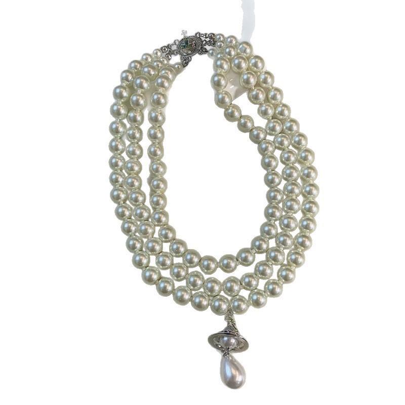 Vintage Pearl Drop Necklace With Copper Pendant For Womens Daily Wear And Gift