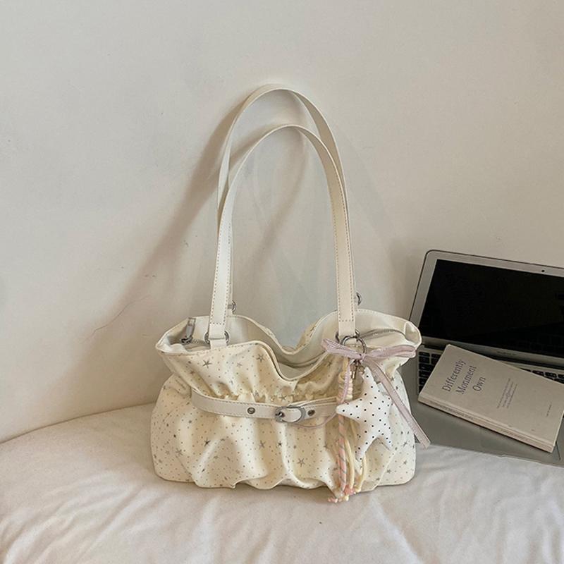 Fashi Pleate Star Handbag,korean Exquisite Leather Strap Decorate Underarm Bag,casual Large Capacity Commuter Bag With Pendant