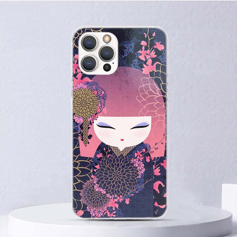 Kokeshi Doll Kimono Girl Soft Case For iPhone 16 17 Air 16E 15 Plus 11 12 13 Mini 14 Pro Max Phone Cover Apple 7 8 SE Coque Fund