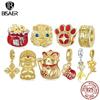 BISAER 925 Silver Lucky Koi Cat Pawprint Charm Bead Weaved Bag Pendant Plated Gold Fit Women DIY Bracelet Fine Jewelry
