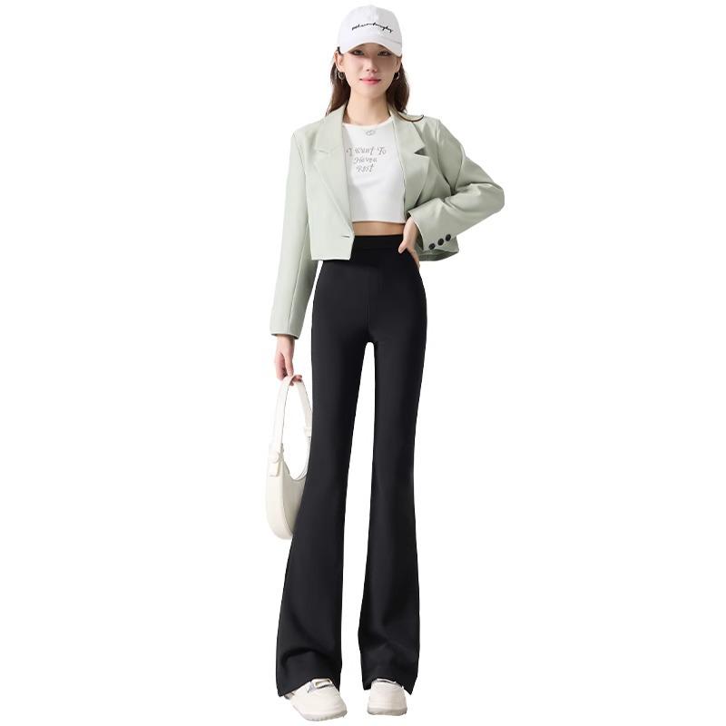 2025 Women's Black High-Waist Micro Flare Pants with Velvet, Slimming Drape, for Spring & Autumn