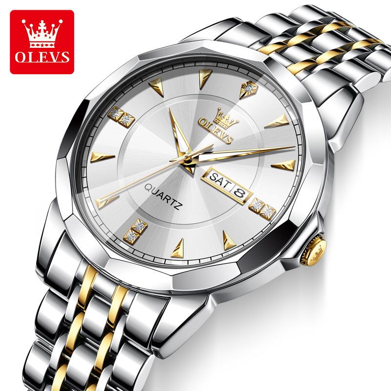 OLEVS Fashion Classic Dual Calendar Quartz Watch For Men Rhombus Mirror Luxury Wristwatch Waterproof Original Man Watches