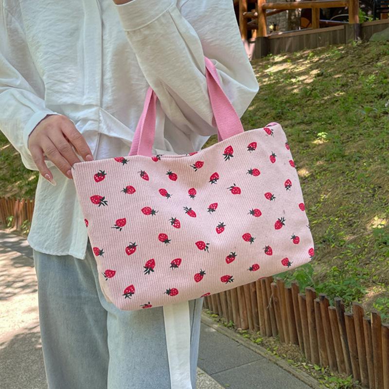 Korean New Strawberry Printed Corduroy Shoulder Bag Small Fresh Literary Tote Bag Girl Travel Shoulder Backpack