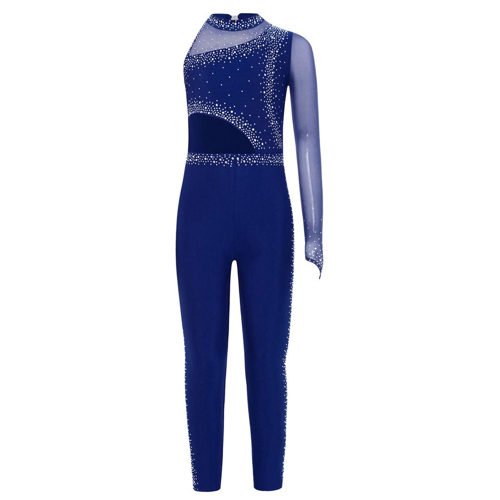 Girls Gymnastics Jumpsuit Sheer Mesh Patchwork Cutout Asymmetrical Design Mock Neck Sparkly Rhinestones Full Body Leotard