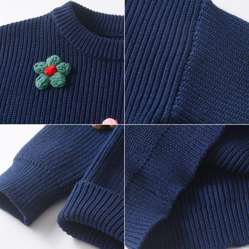 Autumn and Winter Children's Knitted Sweater, Cute Handmade Floral Cardigan for Girls, Long-Sleeved Round-Neck Jacket