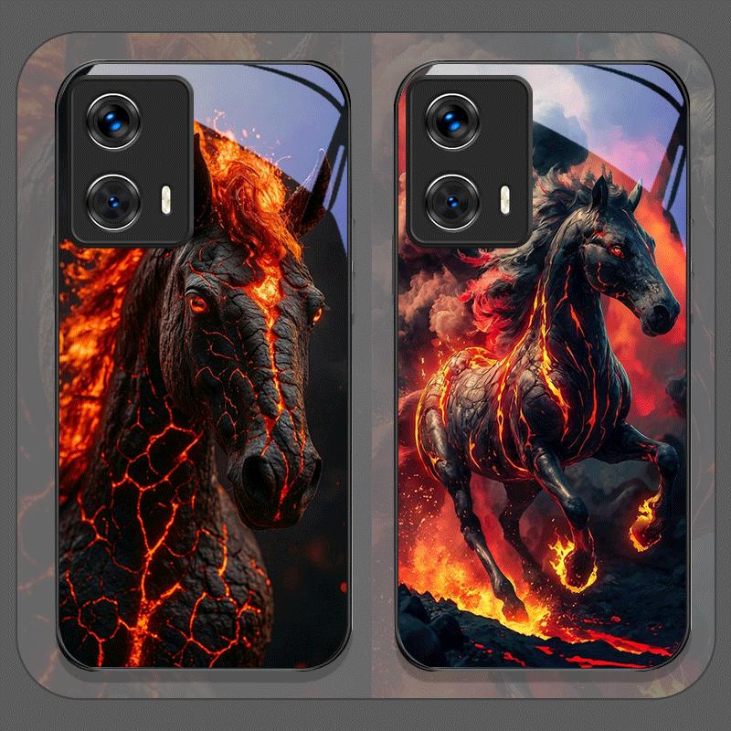 Creative Flame Black Horse Pattern Tempered Glass Phone Case for Motorola Moto G85 G84 G75 Edge 50 Fusion 40 Neo 30 Pro 5G Cover