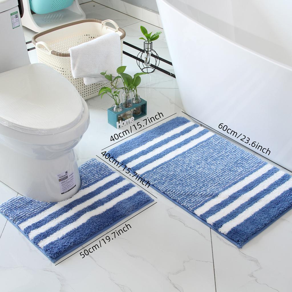Striped Microfiber Bathroom Carpet Set 2-piece,waterproof,non-slip and Quick Drying,machine washable,TPR Backing, Medium Velvet