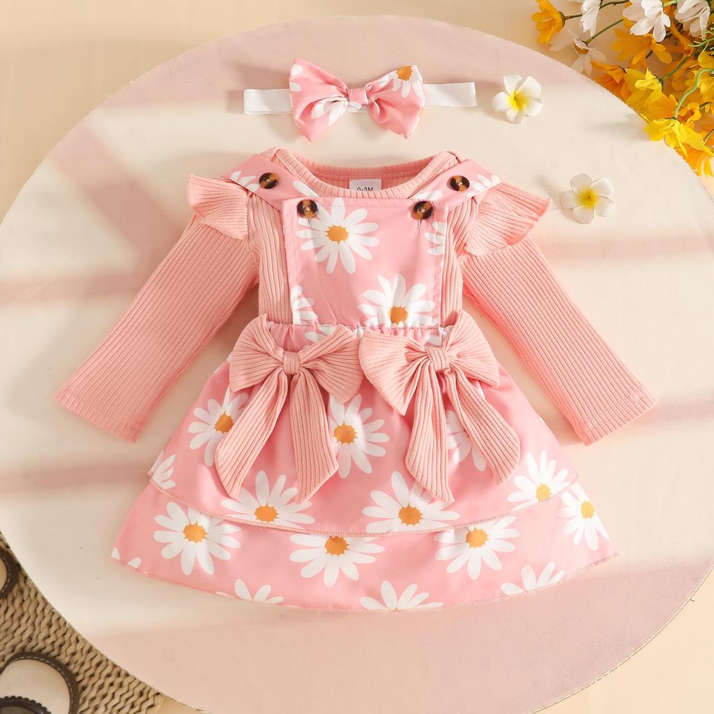 European & American Baby Striped Long-Sleeve Top, Floral Suspender Skirt & Headband Set for Spring & Autumn Girls