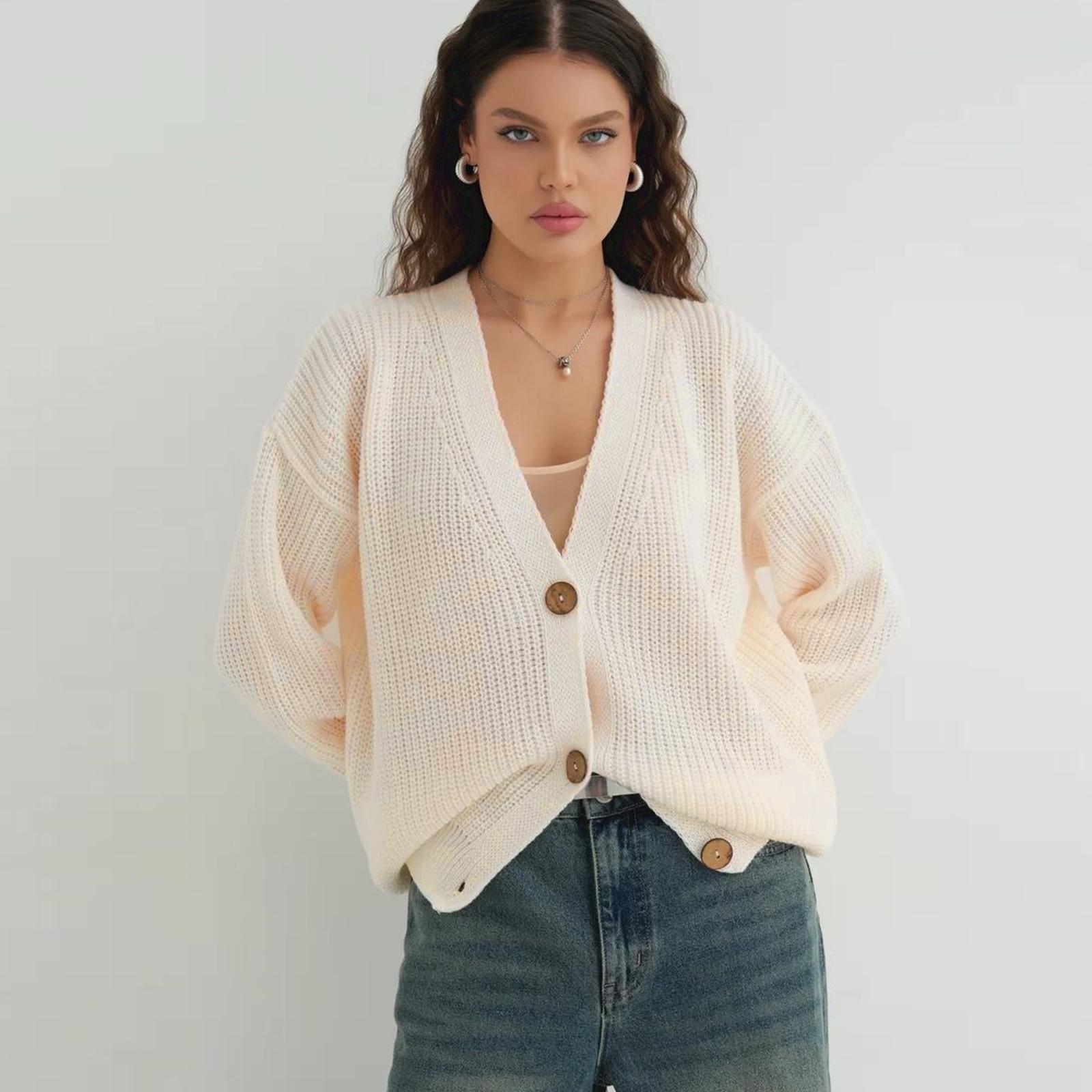 

Loose Fit Knit Cardigan Sweater for Women V Neck Button Front Long Sleeve Casual Lightweight Soft Material Autumn Winter Layering S белый