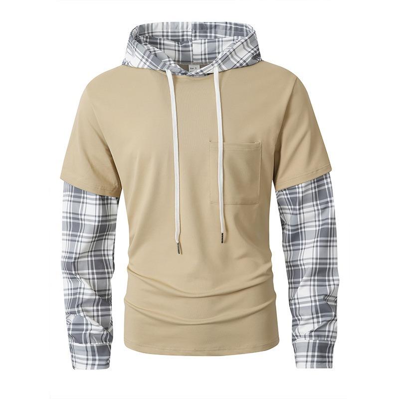 Spring and Autumn New Plaid Casual Solid Color Hooded Long-sleeved Sweatshirt for Men