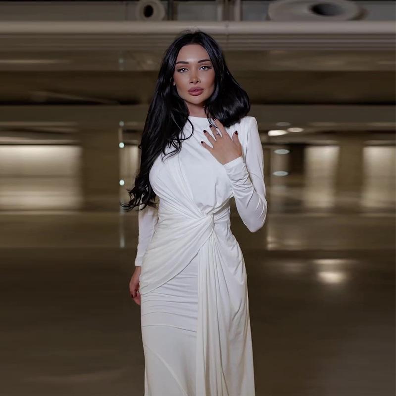 Nuovo Abito Sexy alla Moda Monocolore Slim Fit con Vita Plissettata e Scollo Rotondo