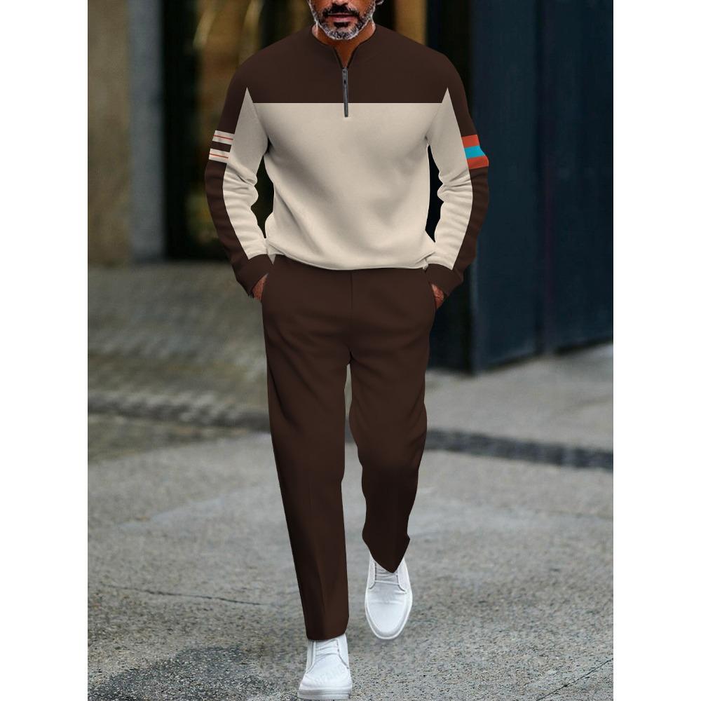 Spring Autumn Fashion Streetwear Men's Long-Sleeved Half-Zipper Stand-Up Collar Men's Casual Sportswear Two-Piece Set