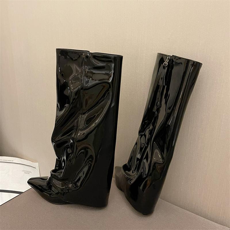 Eilyken Fashion Pointed Toe Patent Leather Design Splicing Wedges High Heels Women Knee-High Long Boots Zipper Female Shoes