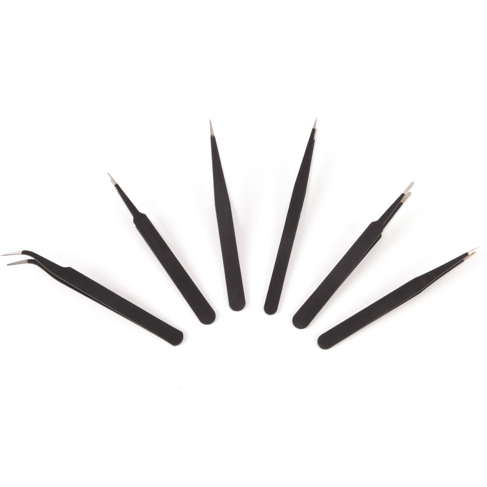 Kit 6 Professional Safety Anti-Static Tweezers Premium Silver Anatomy