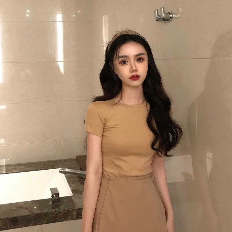 Women's Korean Style Slimming Solid Color Round Neck Summer T-Shirt 2025