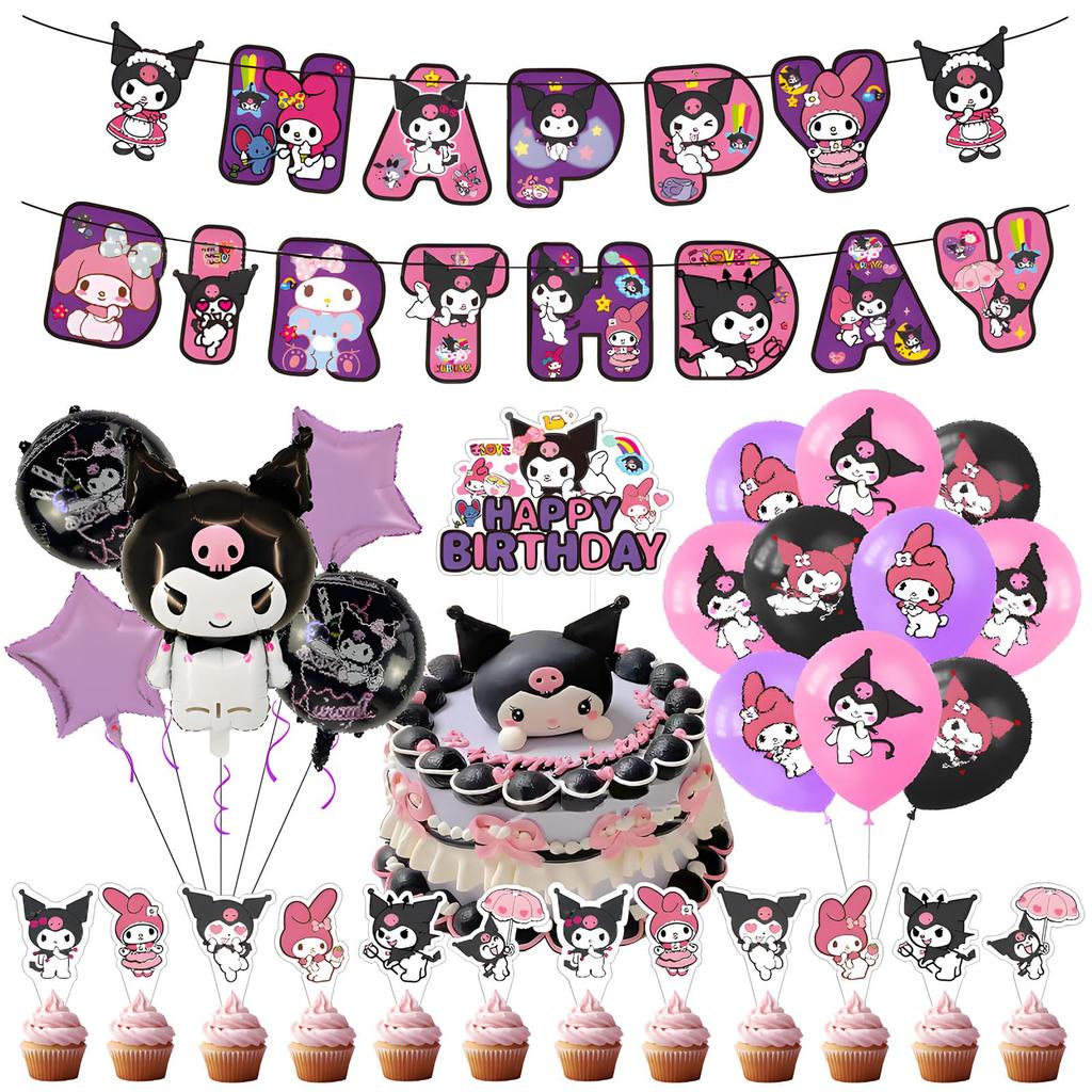 Sanrio Kuromi Birthday Decorations for Kids, Pink Balloon Set, Happy Birthday Balloons and Cake Topper, Cute Blue, for Girls and Boys, Anniversary,