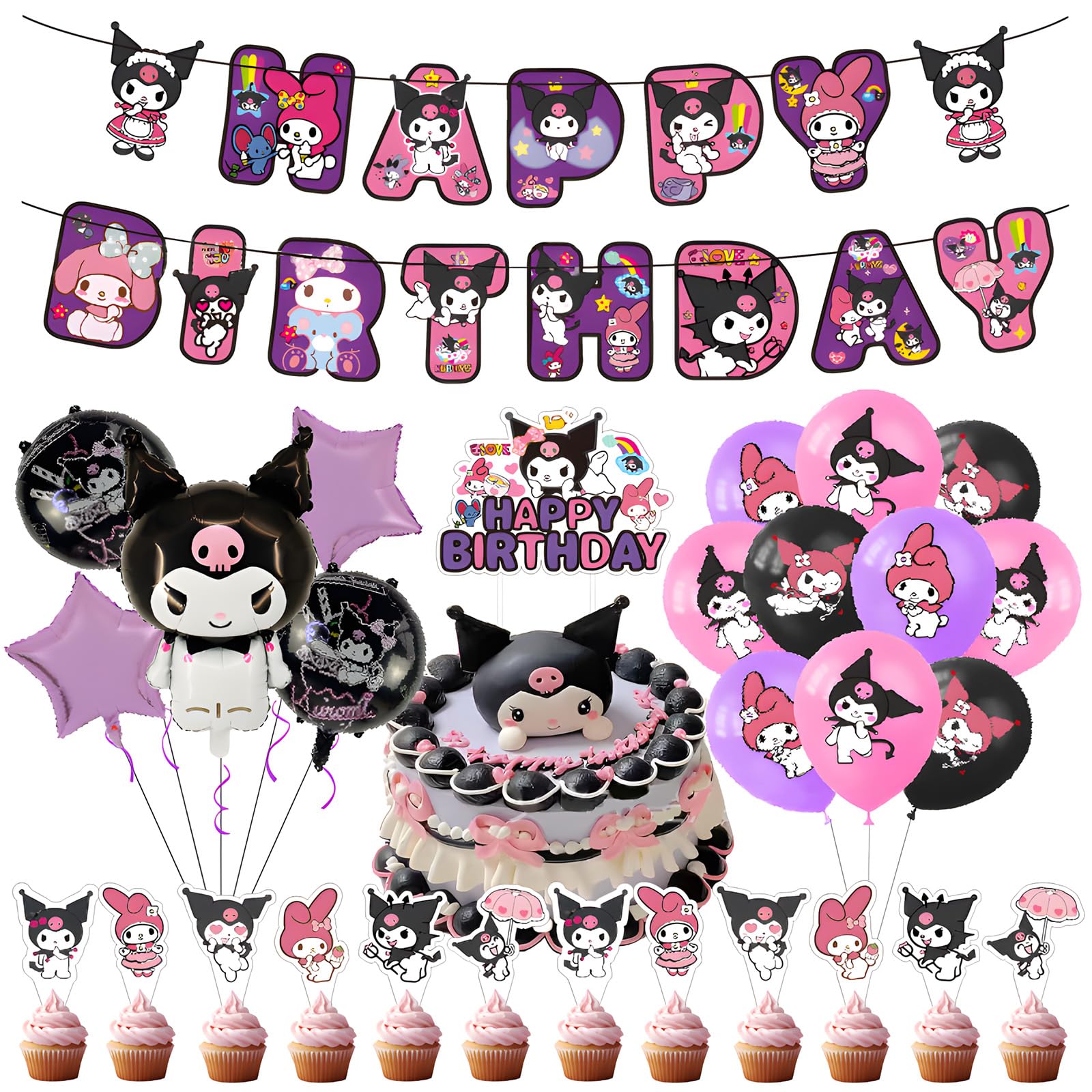 

Sanrio Kuromi Birthday Decorations for Kids, Pink Balloon Set, Happy Birthday Balloons and Cake Topper, Cute Blue, for Girls and Boys, Anniversary,