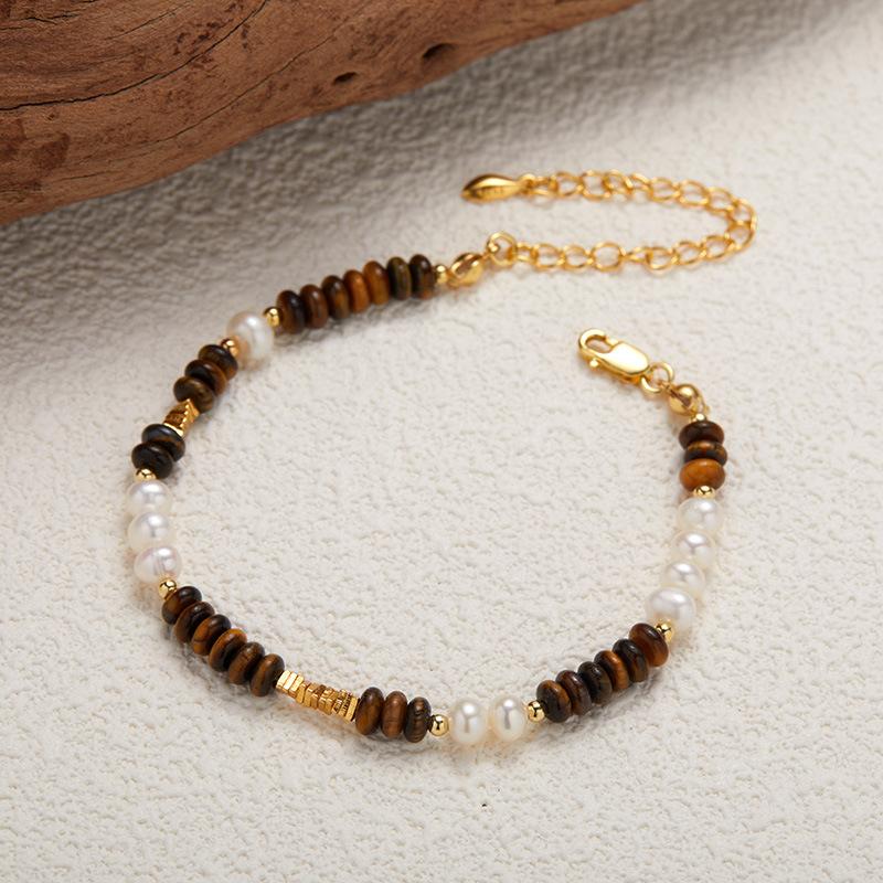 

S925 Sterling Silver Natural Freshwater Pearl Tiger S Eye Stone Colored Treasure Necklace Women S Versatile Premium Beaded Xiaohongshu Earrings