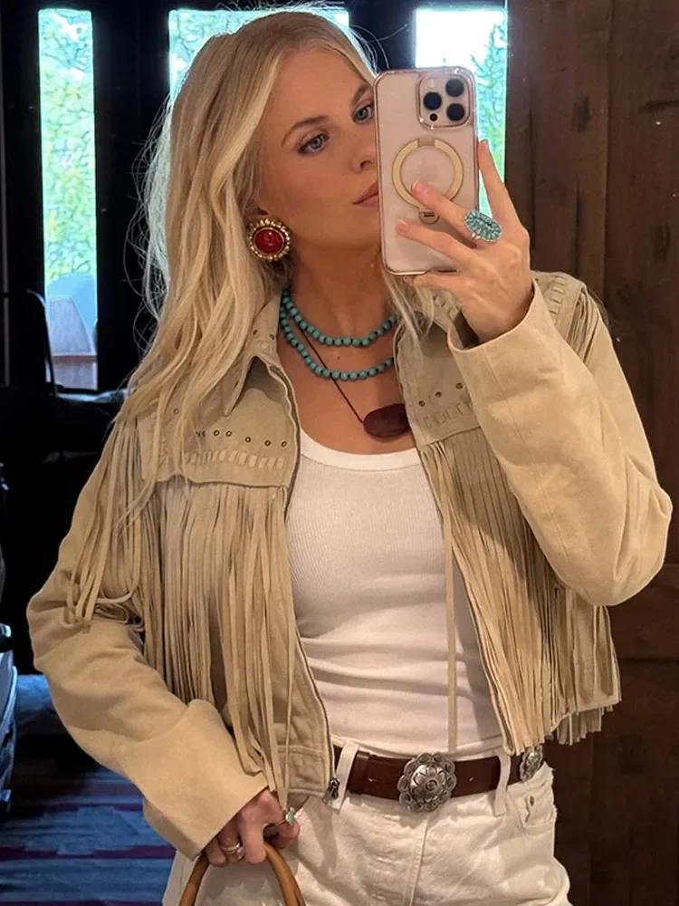 Short Pu Suede Jacket Women Fashionable New 2025 Long Sleeve Tassel Lapel Collar Cropped Slim Coat Lady Street New Outerwear