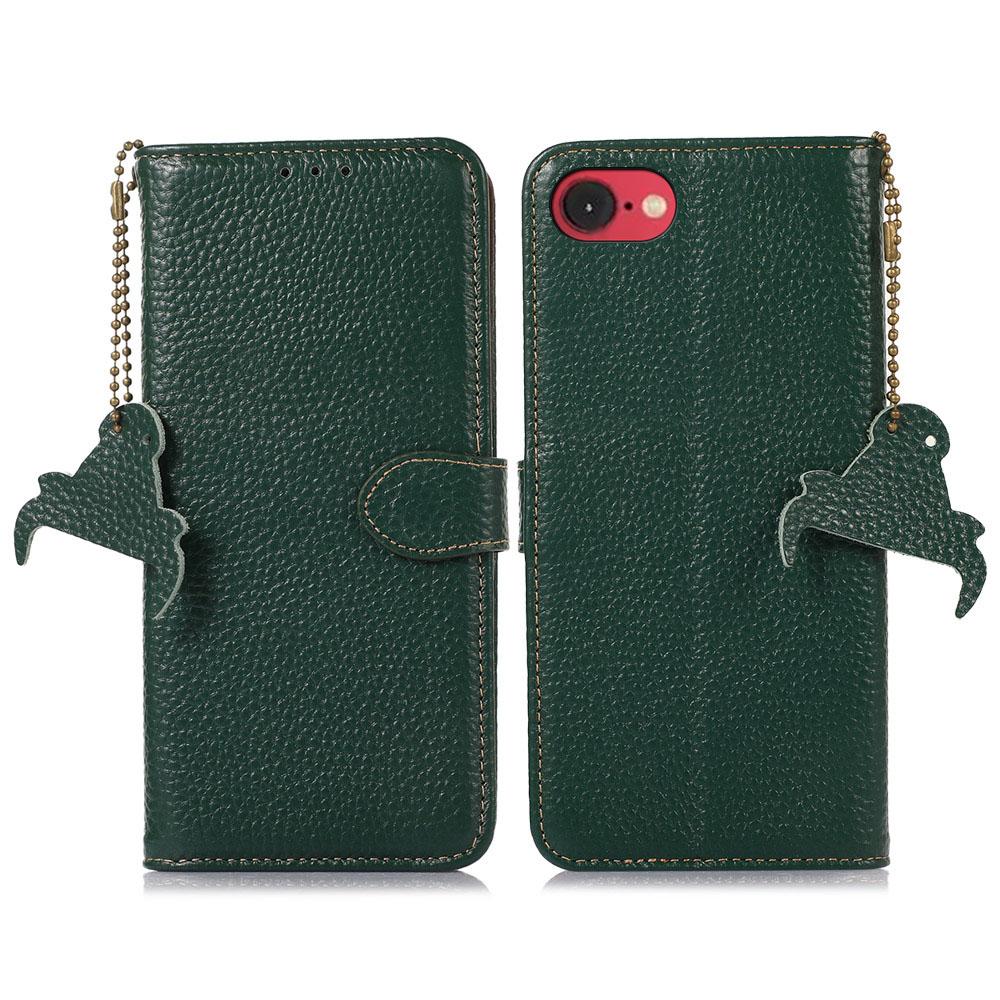 

For iPhone 16e Case RFID Blocking Litchi Texture Genuine Cow Leather Phone Cover Green