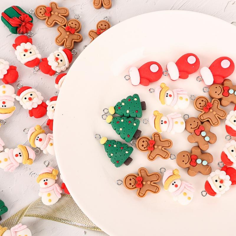 6/10pcs Cute Christmas Ornament Colorful Resin Santa Snowman Gingerbread Man Pendant for DIY Jewelry Keychain Craft Making Decor