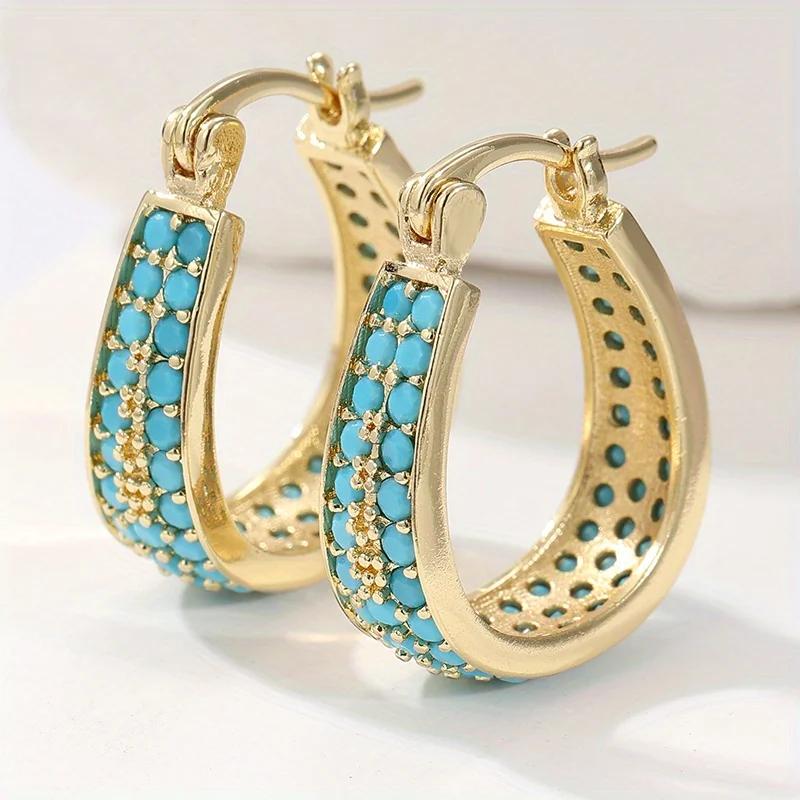 Concise  Synthetic Turquoise Inlaid Hoop Earrings Women's Vintage Elegant Golden Plated Banquet Jewelry Accessory Crafts