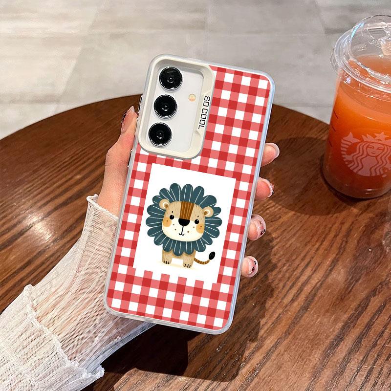 For Samsung Galaxy S24 S23 Ultra Plus FE S25 S22 Ultra Plus S21 FE Laser Phone Case Checkered Grid Cute Animals Pattern Covers
