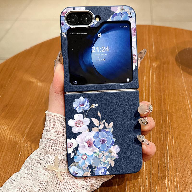 

Текстурированный кожаный чехол из ТПУ для Magsafe для Samsung Galaxy Z Flip 6 5 4 3 5G Flip6 Flip5 Flip4 с синим цветочным узором, складная крышка For Samsung Galaxy Z Flip6