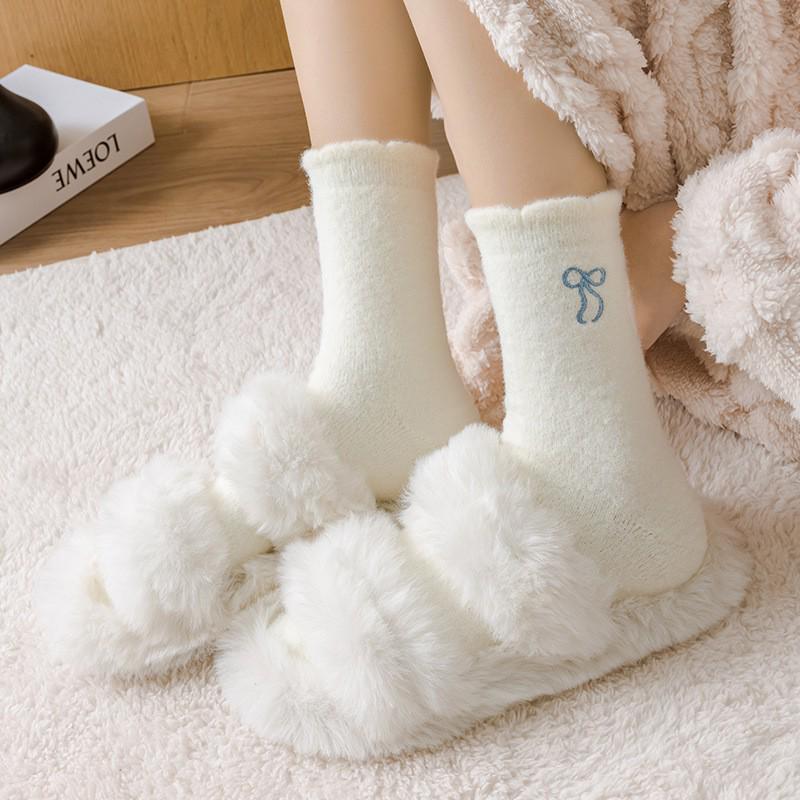 2025 Women's Autumn/Winter Imitation Mink Velvet Bow Embroidery Mid-Calf Socks - Warm, Comfortable Sleep and Home Socks