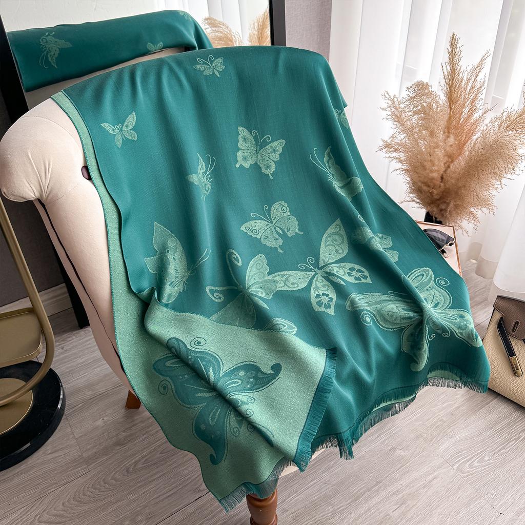 Butterfly Retro Trend Tencel Cotton Women'S Thermal Scarf Double-Sided Two-Color Fashion Shawl Silk Scarf