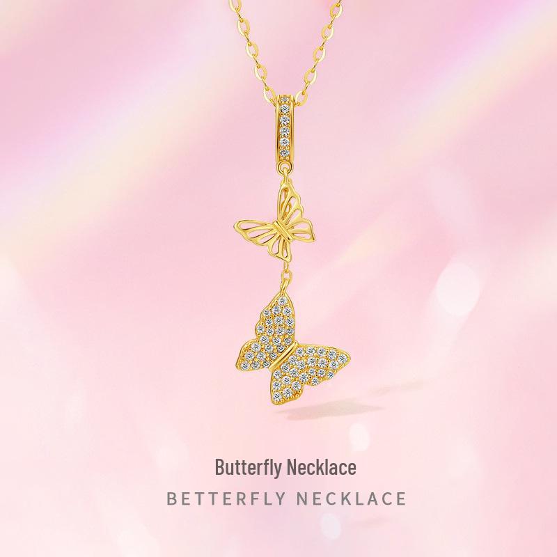 Double Butterfly S925 Sterling Silver Necklace - Elegant Tassel Clavicle Chain for Women Double Butterfly Necklace [Platinum]