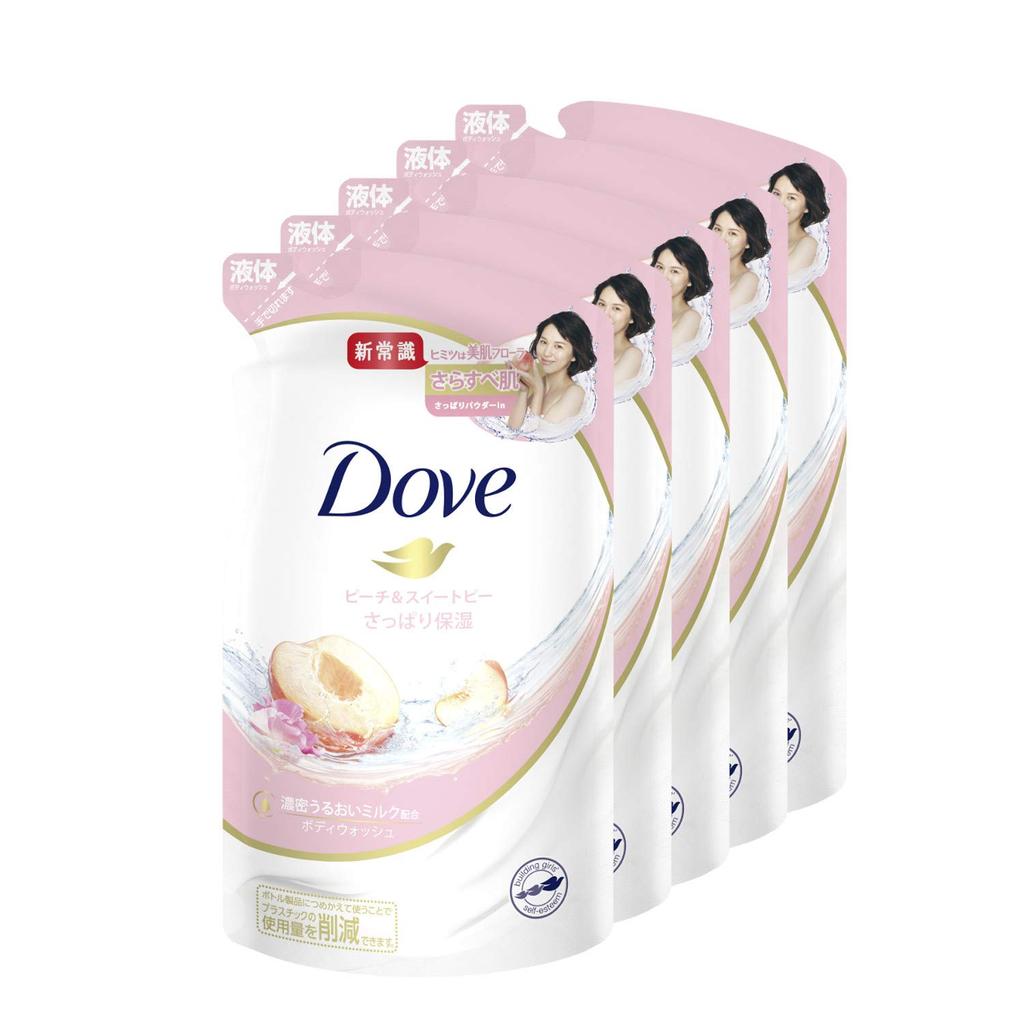 Dove Body Wash Peach Sweet Pea Körperseife Nachfüllpackung 360 g x 5 Stück mit Bonus-Körperseife Ein beruhigender Duft von leicht süßem Pfirsich und süßer Erbse &