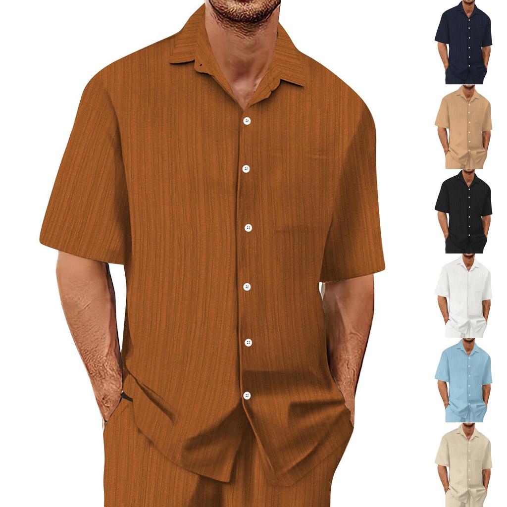 Men's Summer Hawaiian Solid Color Stripe Textured Breathable Loose Button Shirt