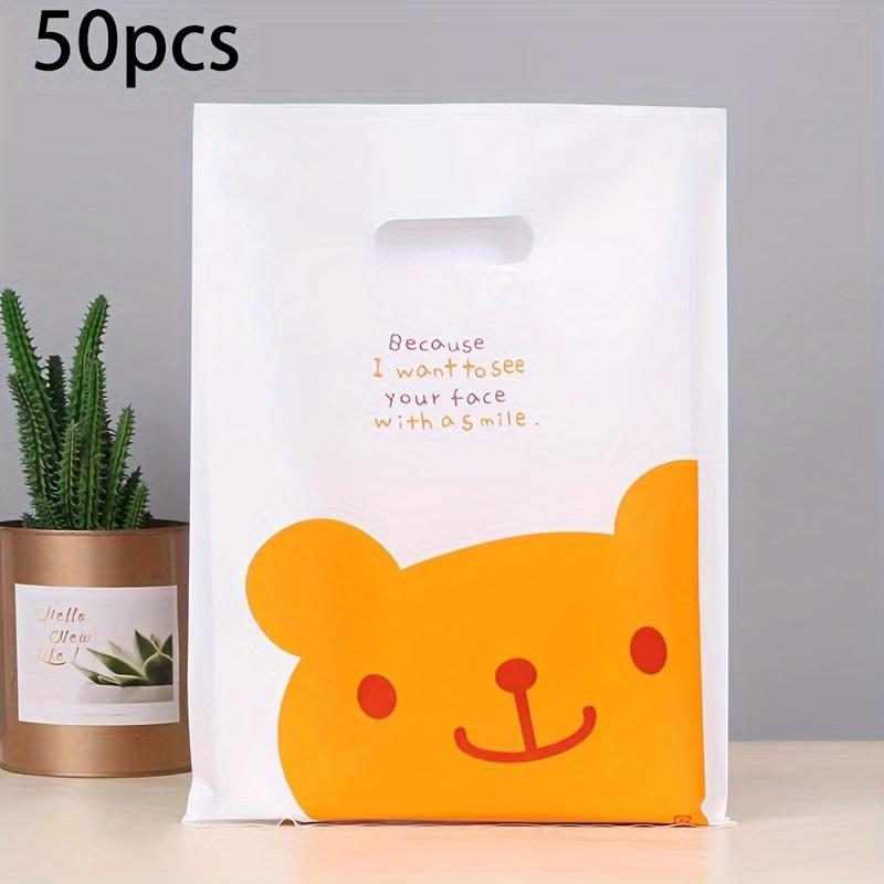 [50 Cute Bear Gift Bags] 50-Pack Cute Bear Design Plastic Gift Bags | White Cartoon Animal Shopping Bags for Party Favors, Wedding