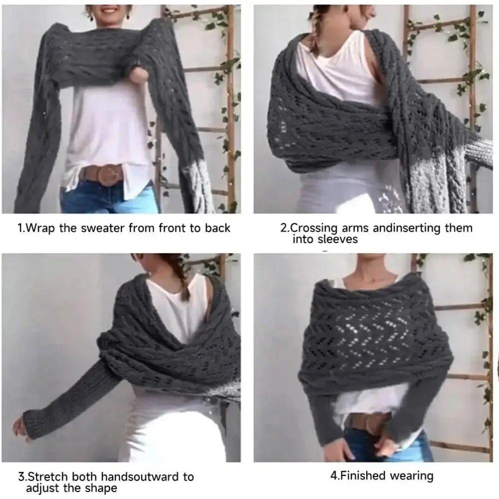 Autumn Winter Women'S Knitted Shawl Scarf With Long Sleeve Outdoor Warm Soft Windproof Hollow Out Crop Top Shrugs Shawl Scarf