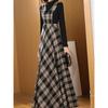 Style Spring New Arrival Women's Thickened Gingham Dress Waist-Controlled Long Sleeves Temperament Youthful-Looking Maxi Skirt Big Swing Skirt Fashion
