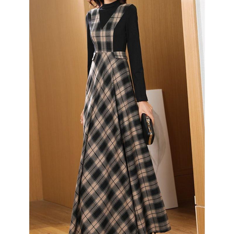 Style Spring New Arrival Women's Thickened Gingham Dress Waist-Controlled Long Sleeves Temperament Youthful-Looking Maxi Skirt Big Swing Skirt Fashion