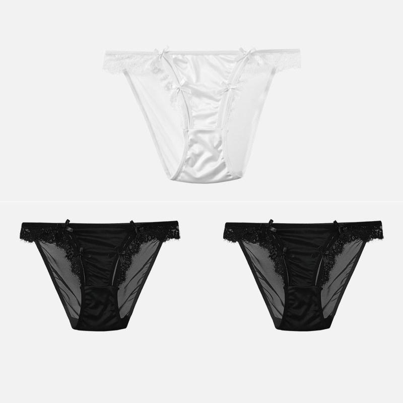 CINOON 3Pcs/Lot Women's Satin Sexy Briefs Lace‑Trim Mesh Spliced Panties Bow‑decor Solid‑Color Hollow‑out Bikini Briefs