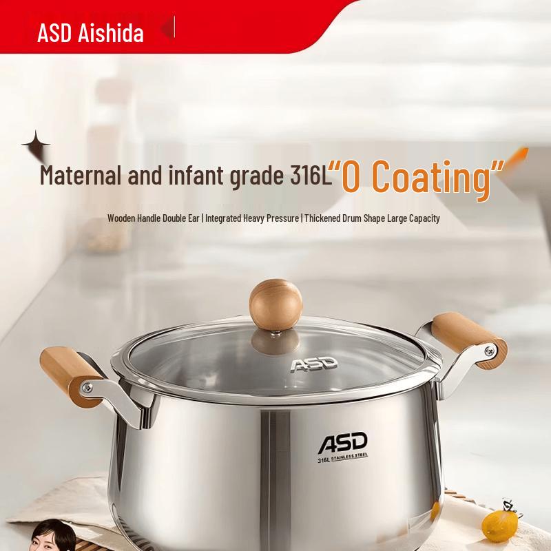 ASD Baby-Grade 316L Stainless Steel Soup Pot with Wooden Handles 22см