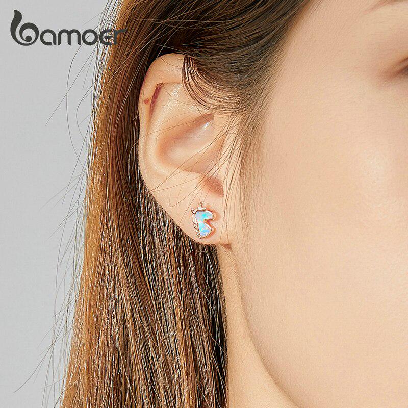 BAMOER Authentic 925 Sterling Silver 2 Color Translucent Opal Fancy Pony Earring Original Brand Design