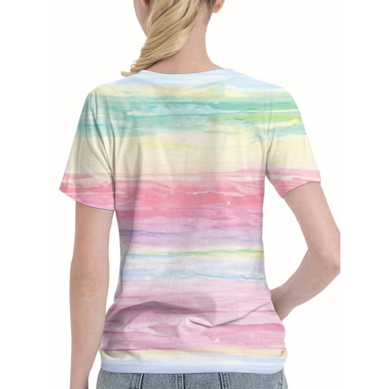 Women's Tie-dye Printed Short-sleeved T-shirt - Transparent Round Neck Summer Casual Top, Machine Washable