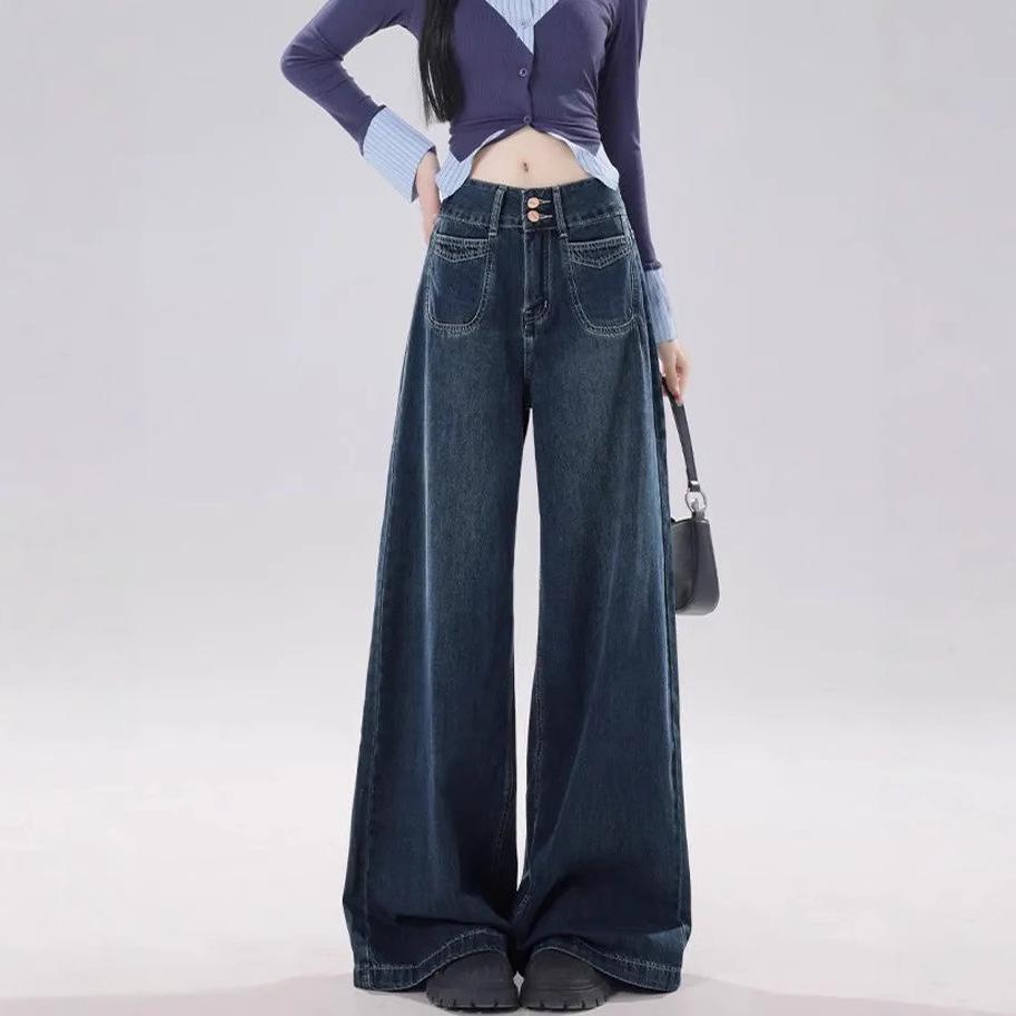 Dark Blue High Waist Wide Leg Jeans - Women's 2025 Versatile, Slimming, Drapey Floor-Length Pants