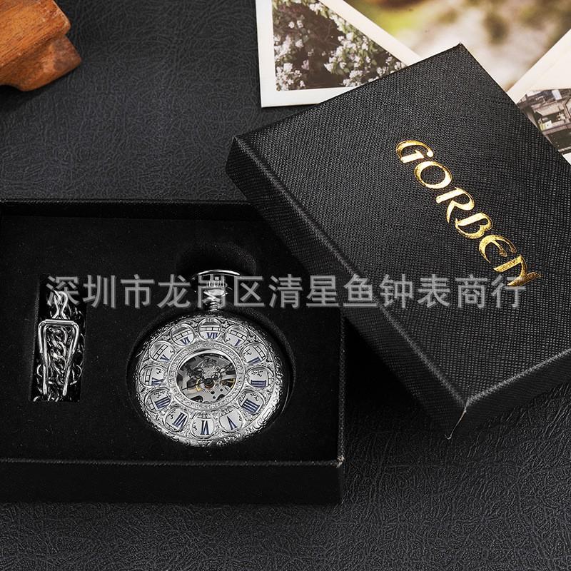 Vintage Style Mechanical Pocket Watch With Roman Numeral Dial Skeleton Back Men Women Gift