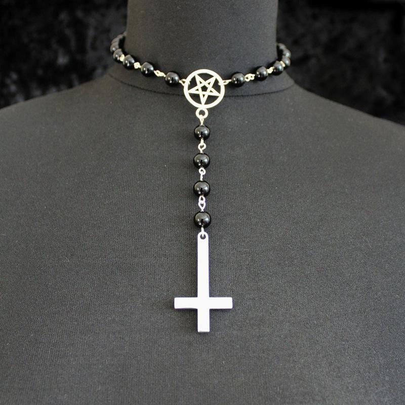 Rosary Necklace Gothic Inverted Cross Pendant Pagan Mysterious Silver Pentagram