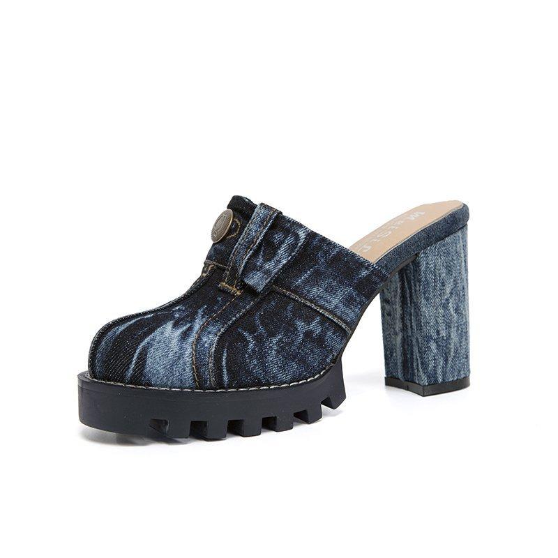 Summer new denim wash bag head lazy fashion high heel thick heel sandals women's slippers sandals