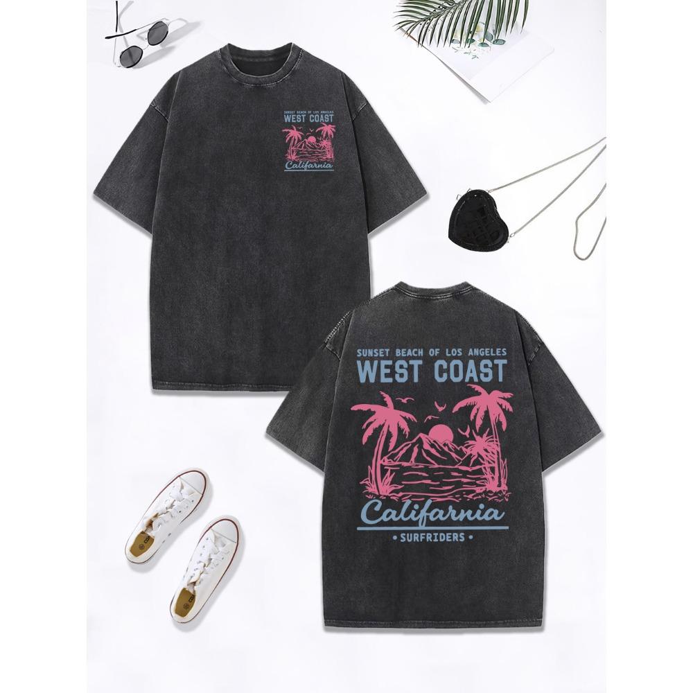 California West Coast Beach Printing Washed T-Shirts Women Cotton Oversize T Shirt O-Neck Comfortable Tops Womans Clothes