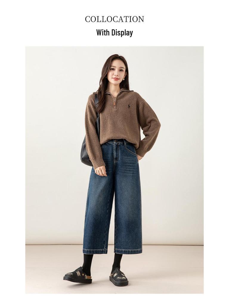 Guangmei Women's High-Waist Slimming Denim Flocked Balloon Pants - Winter Thickened Petite Straight Crop.